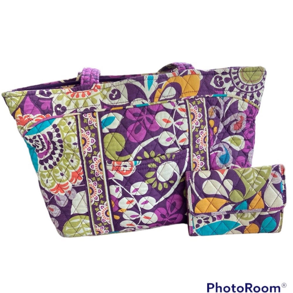 Vera Bradley Plum Crazy “Mandy” tote purse and trifold Euro wallet set EUC
